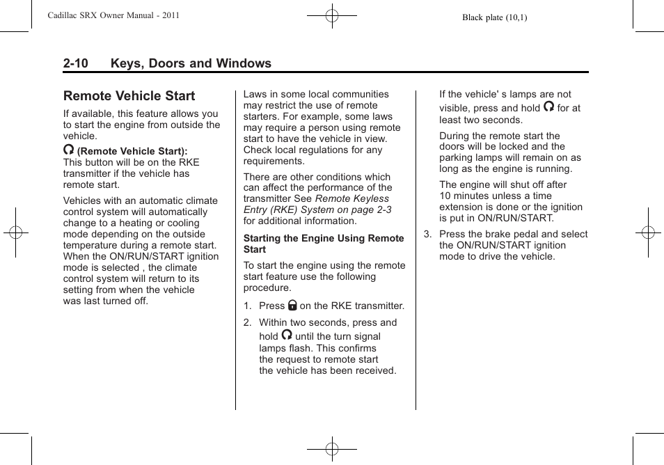 Remote vehicle start, Remote vehicle start -10 | Cadillac 2011 SRX User Manual | Page 44 / 502