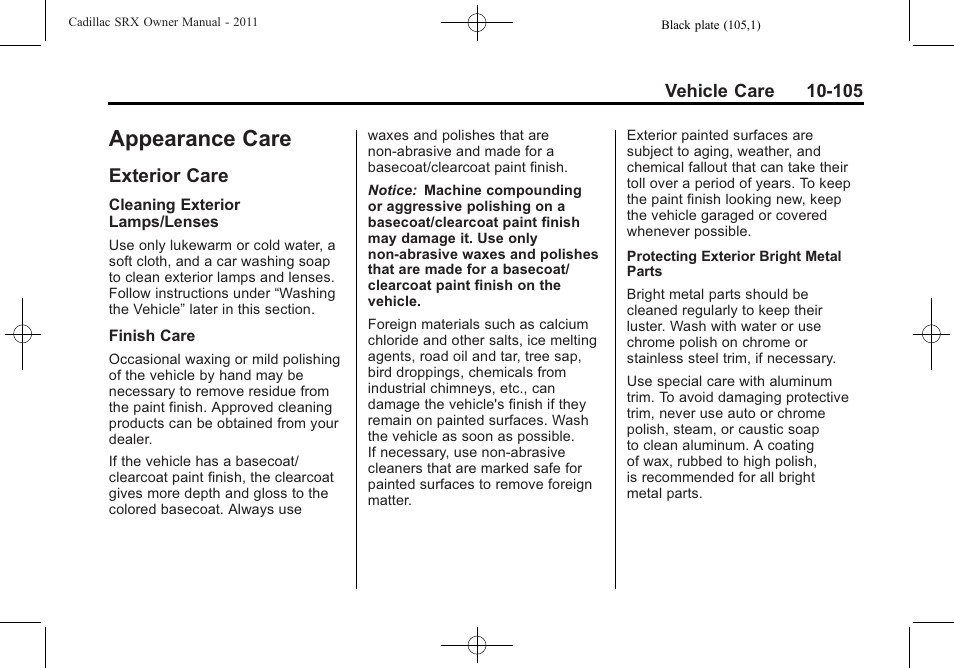 Appearance care, Exterior care, Appearance care -105 | Exterior care -105 | Cadillac 2011 SRX User Manual | Page 443 / 502
