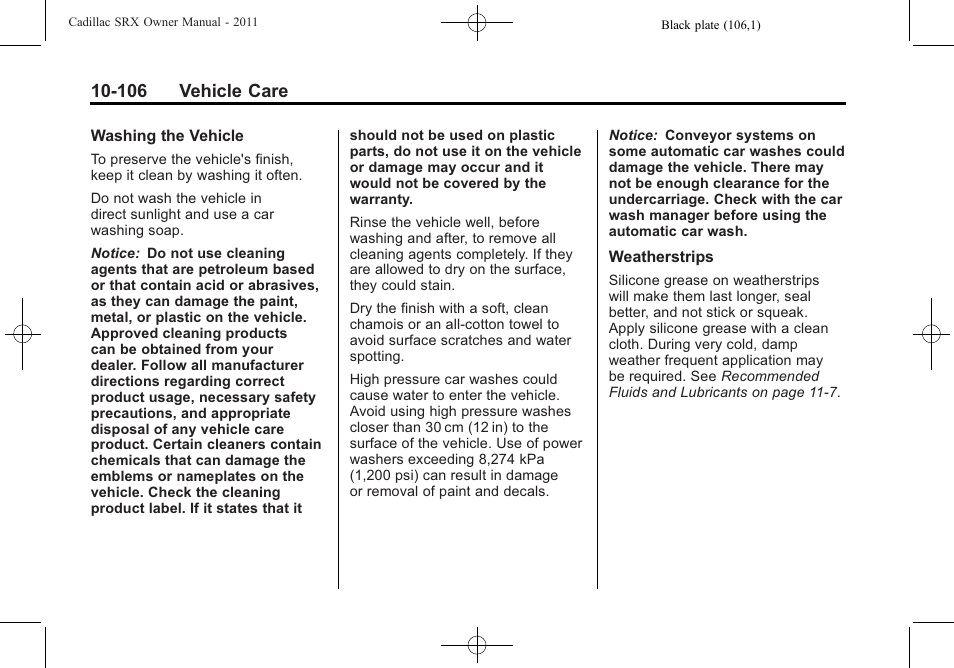 106 vehicle care | Cadillac 2011 SRX User Manual | Page 444 / 502