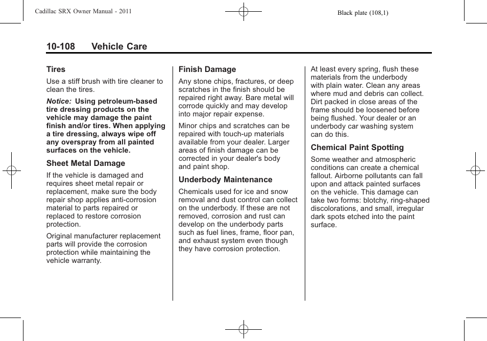 108 vehicle care | Cadillac 2011 SRX User Manual | Page 446 / 502