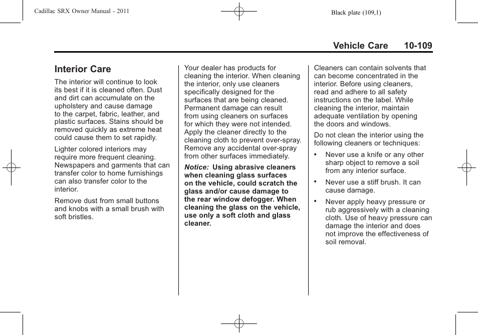 Interior care, Care -109 | Cadillac 2011 SRX User Manual | Page 447 / 502