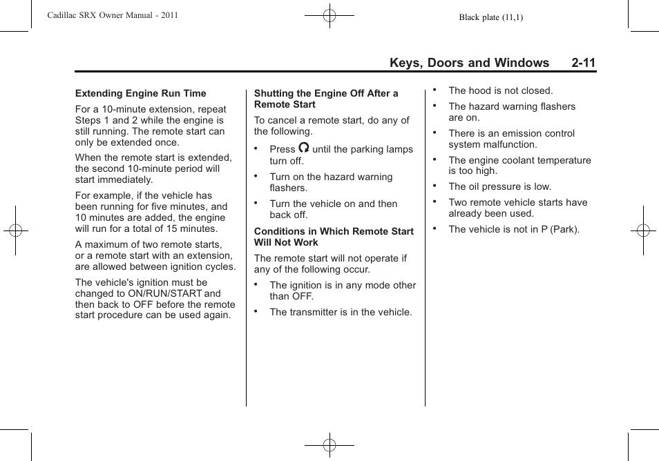 Keys, doors and windows 2-11 | Cadillac 2011 SRX User Manual | Page 45 / 502