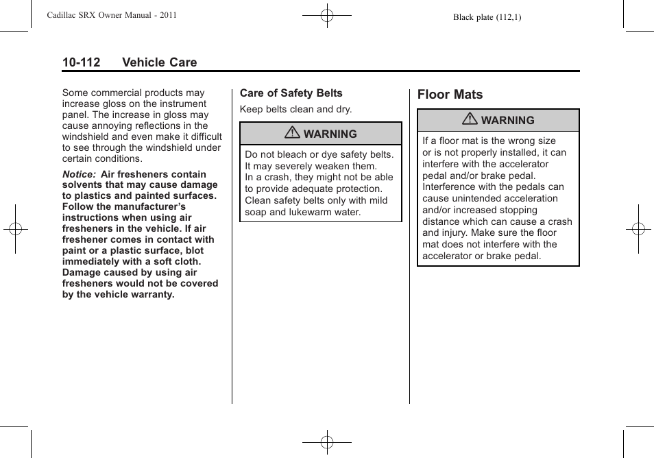 Floor mats, Floor mats -112 | Cadillac 2011 SRX User Manual | Page 450 / 502