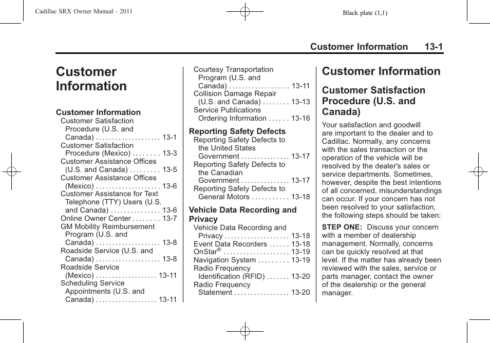 Customer information, Customer satisfaction procedure (u.s. and canada), Customer information 13-1 | Cadillac 2011 SRX User Manual | Page 469 / 502