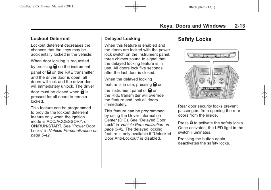 Safety locks, Safety locks -13 | Cadillac 2011 SRX User Manual | Page 47 / 502