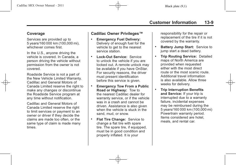 Customer information 13-9 | Cadillac 2011 SRX User Manual | Page 477 / 502