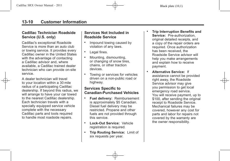 10 customer information | Cadillac 2011 SRX User Manual | Page 478 / 502