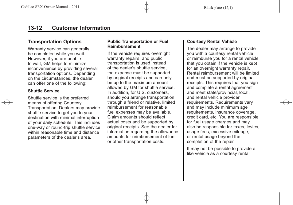 12 customer information | Cadillac 2011 SRX User Manual | Page 480 / 502