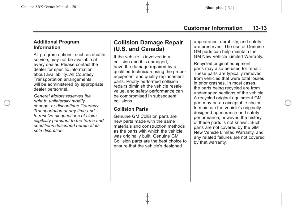 Collision damage repair (u.s. and canada), Collision damage repair, U.s. and canada) -13 | Procedure | Cadillac 2011 SRX User Manual | Page 481 / 502