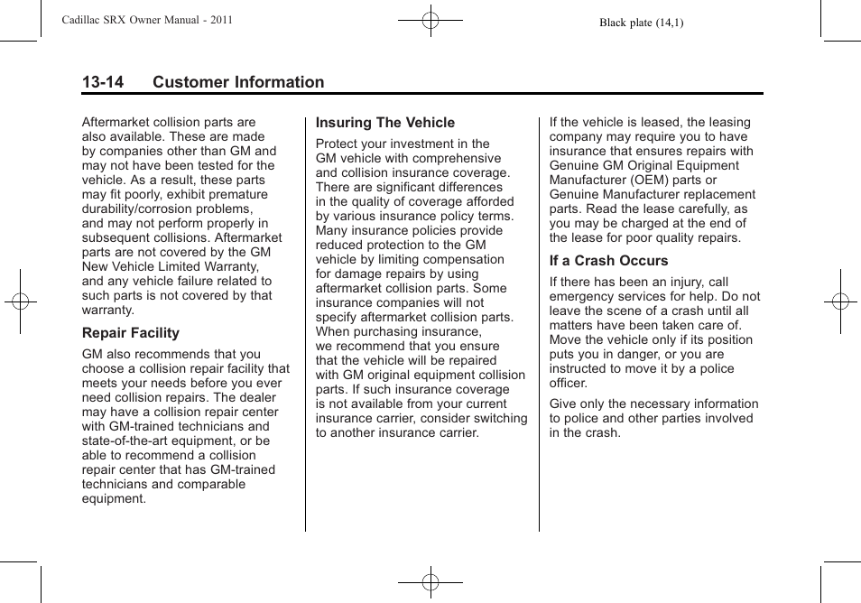 14 customer information | Cadillac 2011 SRX User Manual | Page 482 / 502