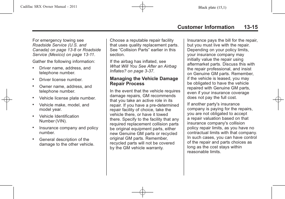 Customer information 13-15 | Cadillac 2011 SRX User Manual | Page 483 / 502