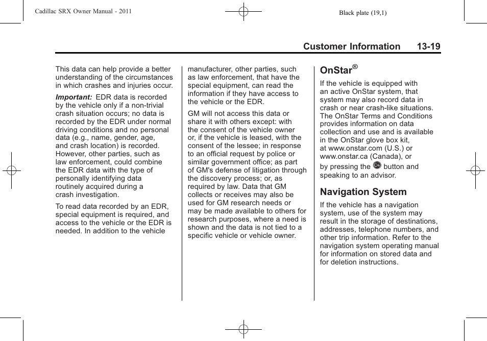 Onstar, Navigation system, System -19 | Cadillac 2011 SRX User Manual | Page 487 / 502