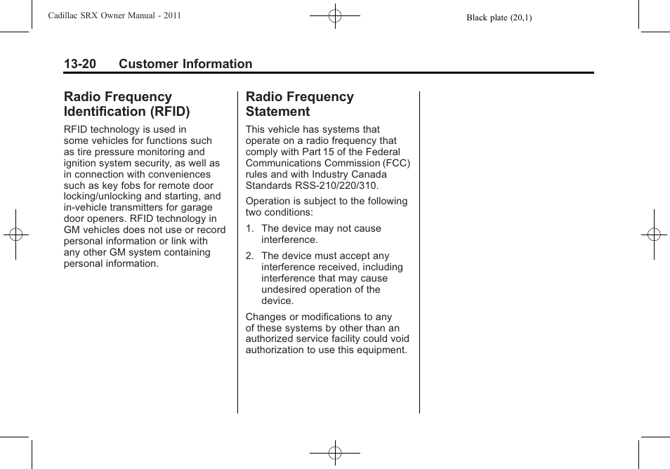 Radio frequency identification (rfid), Radio frequency statement, Radio frequency | Identification (rfid) -20, Statement -20 | Cadillac 2011 SRX User Manual | Page 488 / 502