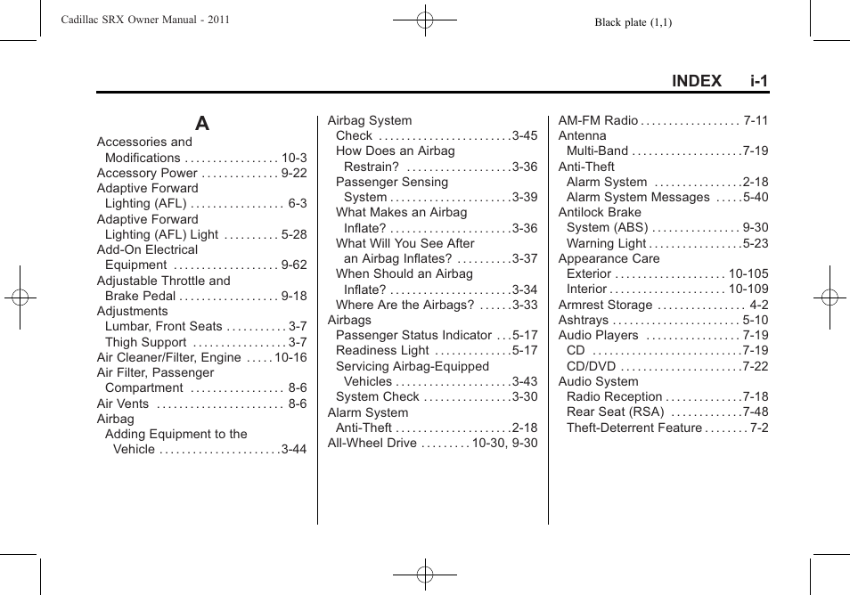 Index, Index_a, Index i-1 | Cadillac 2011 SRX User Manual | Page 489 / 502