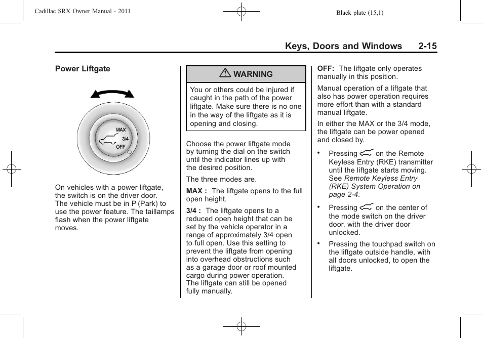 Keys, doors and windows 2-15 | Cadillac 2011 SRX User Manual | Page 49 / 502