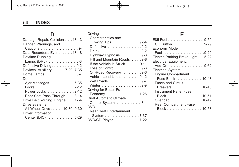 Index_d, Index_e, I-4 index | Cadillac 2011 SRX User Manual | Page 492 / 502