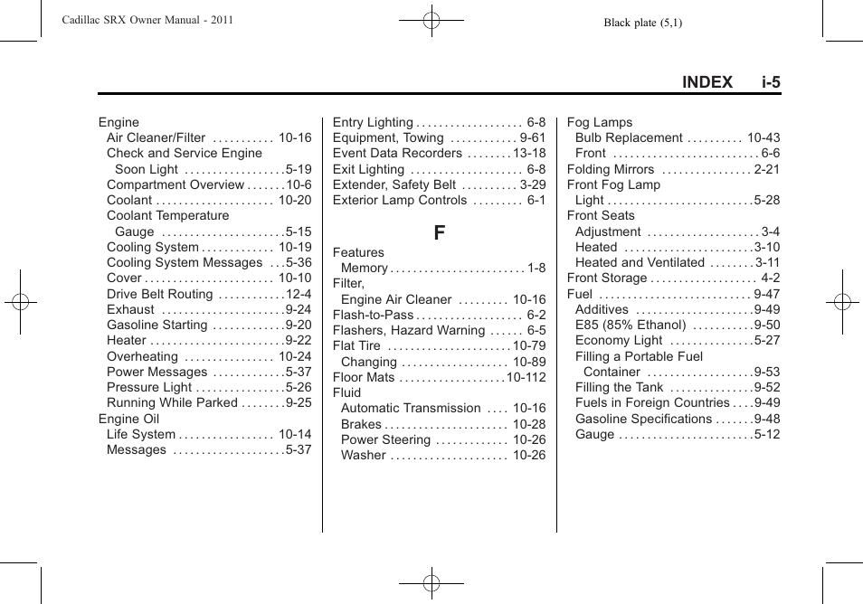 Index_f, Index i-5 | Cadillac 2011 SRX User Manual | Page 493 / 502