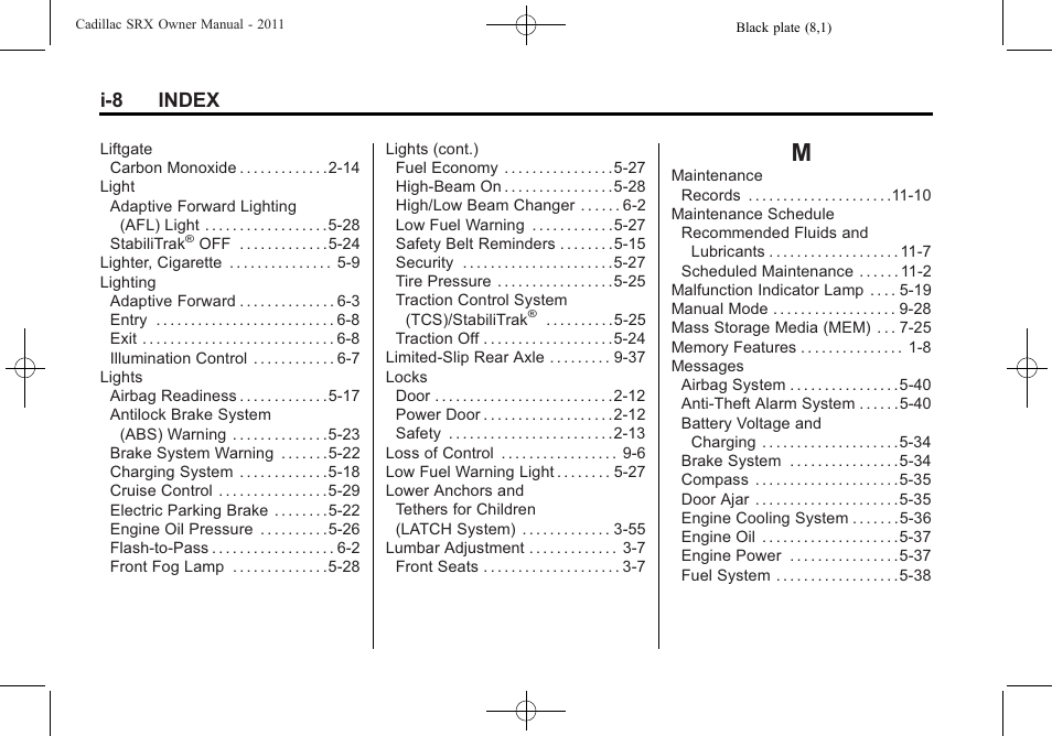 Index_m, I-8 index | Cadillac 2011 SRX User Manual | Page 496 / 502