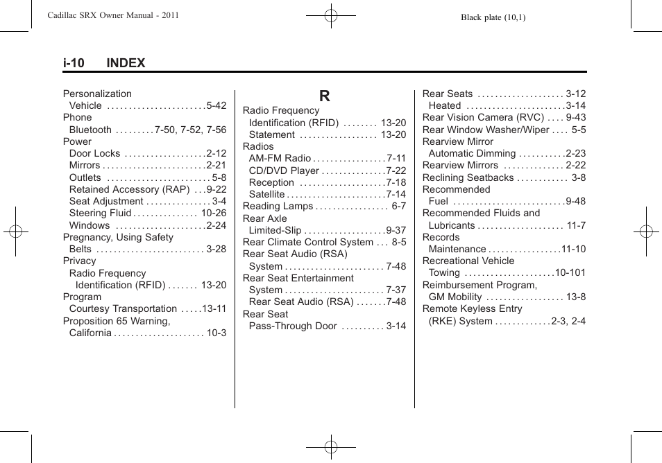 Index_r, I-10 index | Cadillac 2011 SRX User Manual | Page 498 / 502