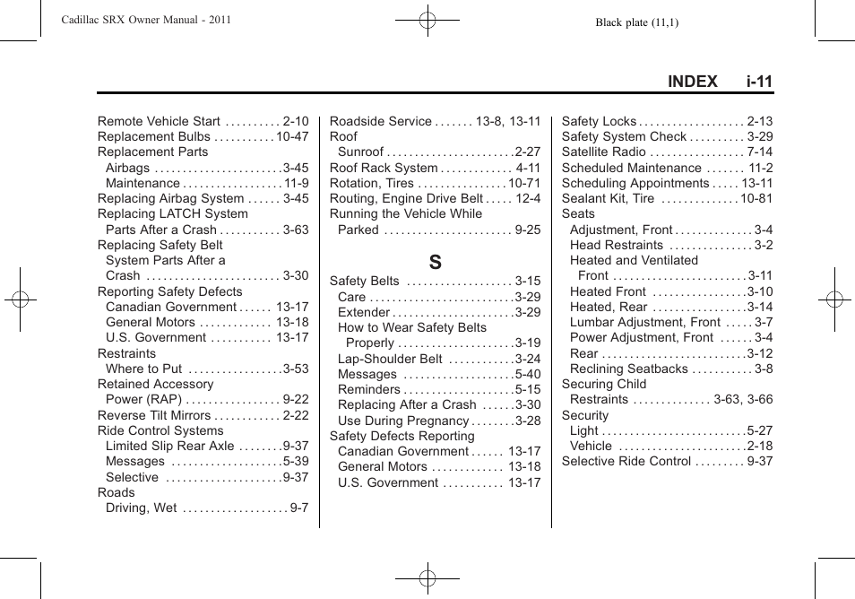 Index_s, Index i-11 | Cadillac 2011 SRX User Manual | Page 499 / 502