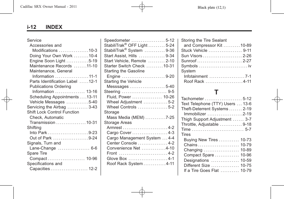 Index_t, I-12 index | Cadillac 2011 SRX User Manual | Page 500 / 502