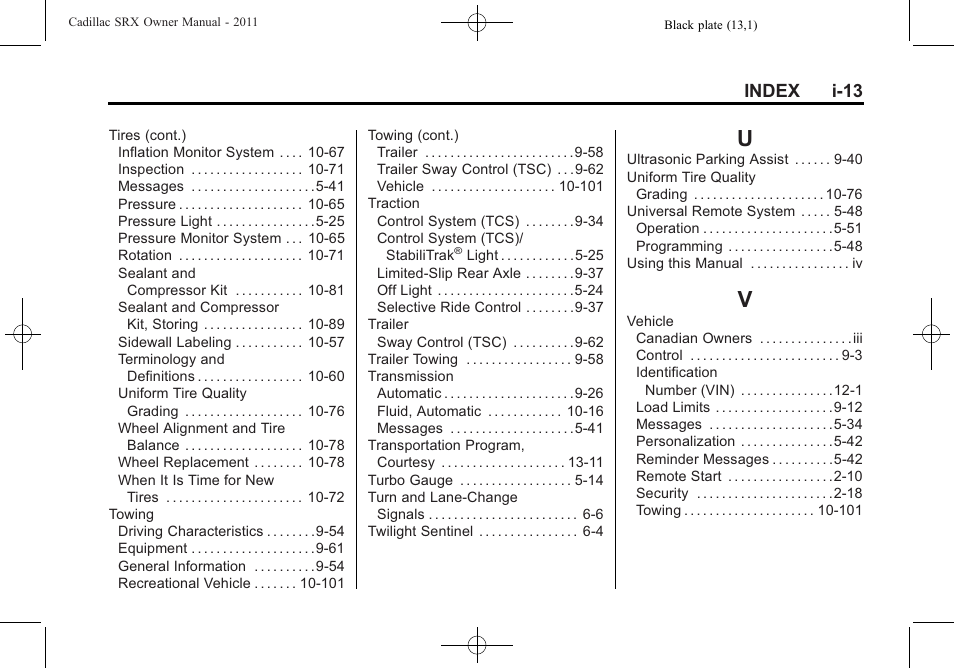 Index_u, Index_v, Index i-13 | Cadillac 2011 SRX User Manual | Page 501 / 502