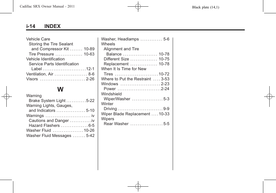 Index_w, I-14 index | Cadillac 2011 SRX User Manual | Page 502 / 502