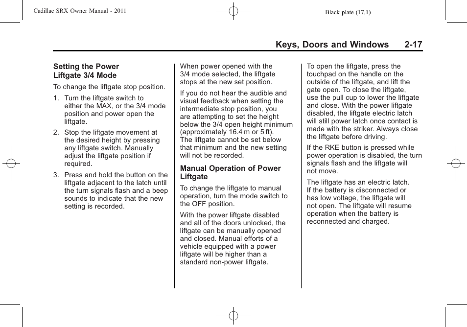 Keys, doors and windows 2-17 | Cadillac 2011 SRX User Manual | Page 51 / 502