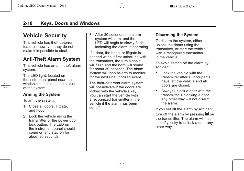 Vehicle security, Anti-theft alarm system, Vehicle security -18 | Vehicle messages, Vehicle security -18 anti-theft alarm system -18, Windows, 18 keys, doors and windows | Cadillac 2011 SRX User Manual | Page 52 / 502