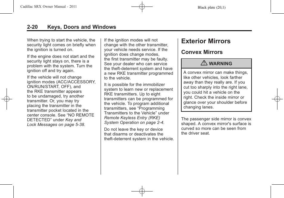 Exterior mirrors, Convex mirrors, Exterior mirrors -20 | Vehicle personalization, Convex mirrors -20 | Cadillac 2011 SRX User Manual | Page 54 / 502