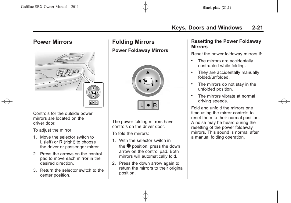 Power mirrors, Folding mirrors, Mirrors -21 folding mirrors -21 | Keys, doors and windows 2-21 | Cadillac 2011 SRX User Manual | Page 55 / 502