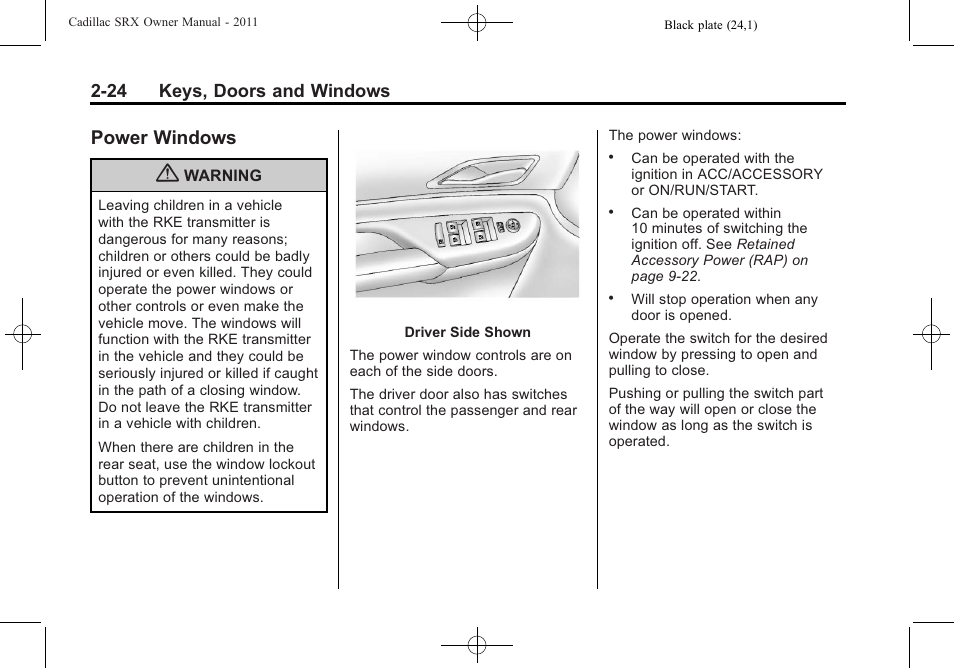 Power windows, Power windows -24, 24 keys, doors and windows | Cadillac 2011 SRX User Manual | Page 58 / 502