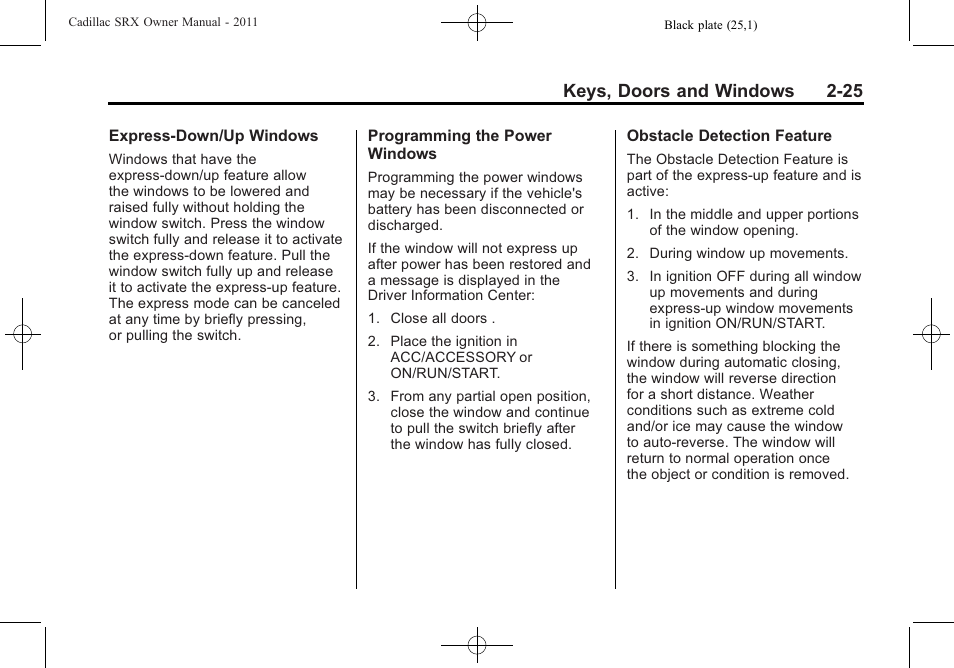 Keys, doors and windows 2-25 | Cadillac 2011 SRX User Manual | Page 59 / 502