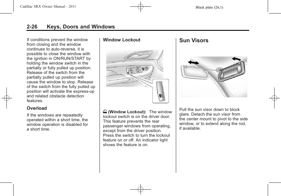 Sun visors, Sun visors -26 | Cadillac 2011 SRX User Manual | Page 60 / 502