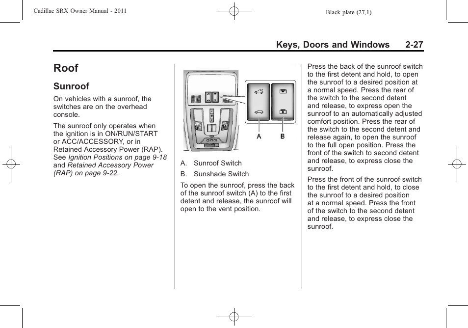 Roof, Sunroof, Roof -27 | Sunroof -27 | Cadillac 2011 SRX User Manual | Page 61 / 502