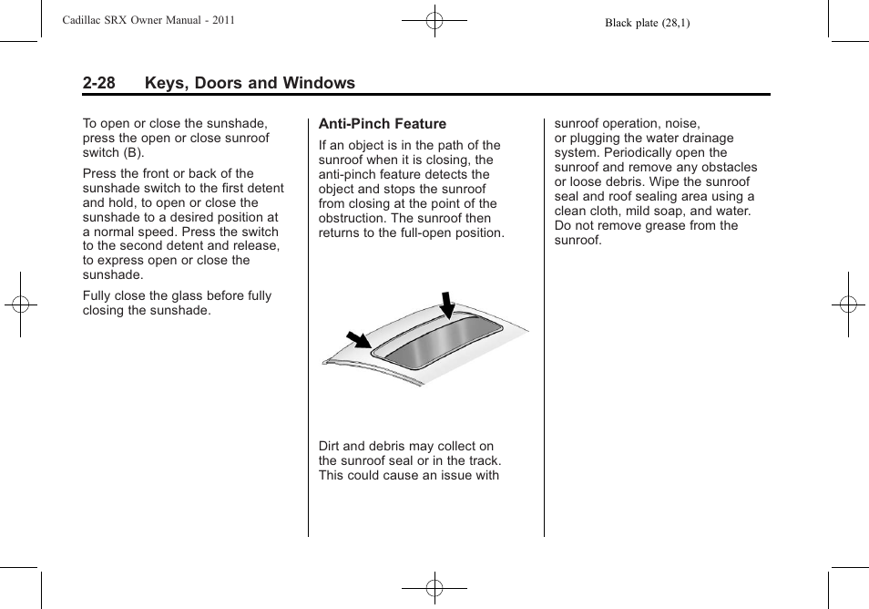28 keys, doors and windows | Cadillac 2011 SRX User Manual | Page 62 / 502