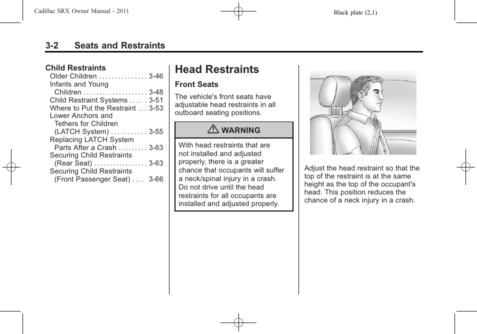 Head restraints, Head restraints -2, Lighting | Cadillac 2011 SRX User Manual | Page 64 / 502