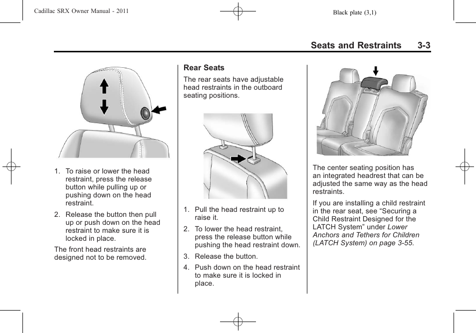 Seats and restraints 3-3 | Cadillac 2011 SRX User Manual | Page 65 / 502