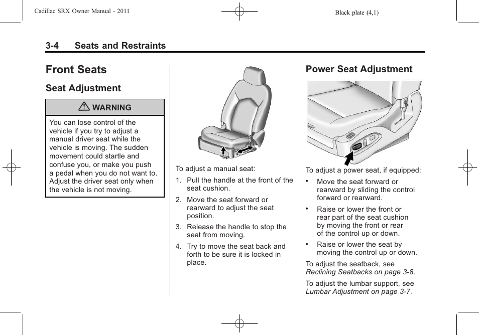 Front seats, Seat adjustment, Power seat adjustment | Front seats -4, Seat adjustment -4 power seat adjustment -4 | Cadillac 2011 SRX User Manual | Page 66 / 502