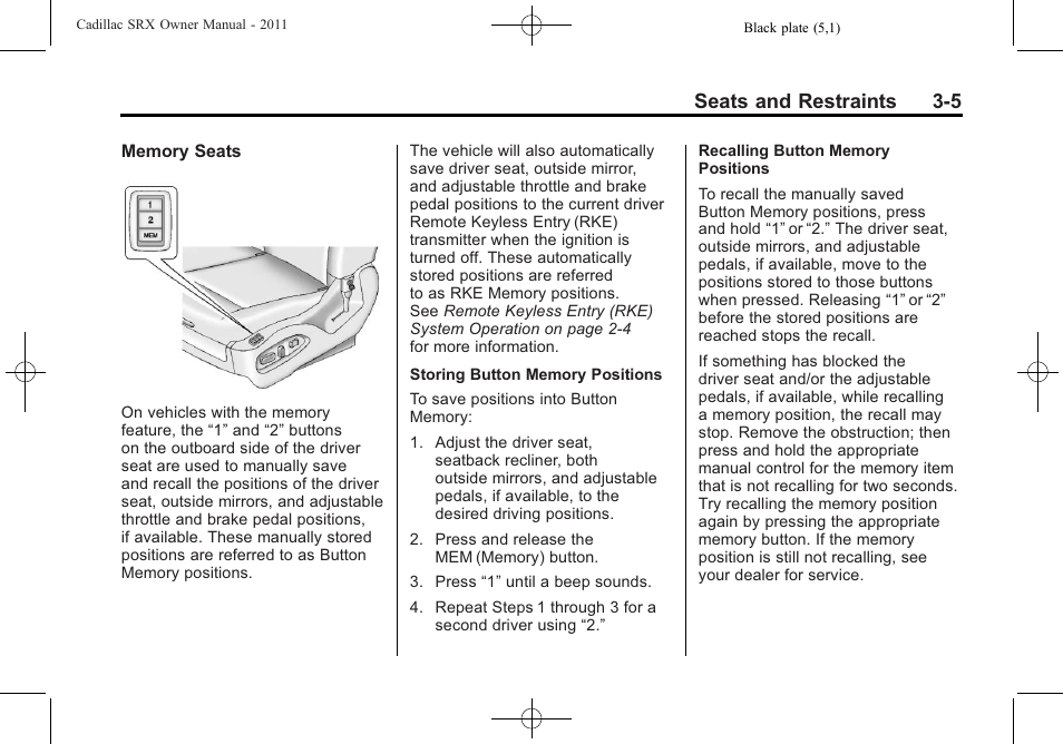 Seats and restraints 3-5 | Cadillac 2011 SRX User Manual | Page 67 / 502
