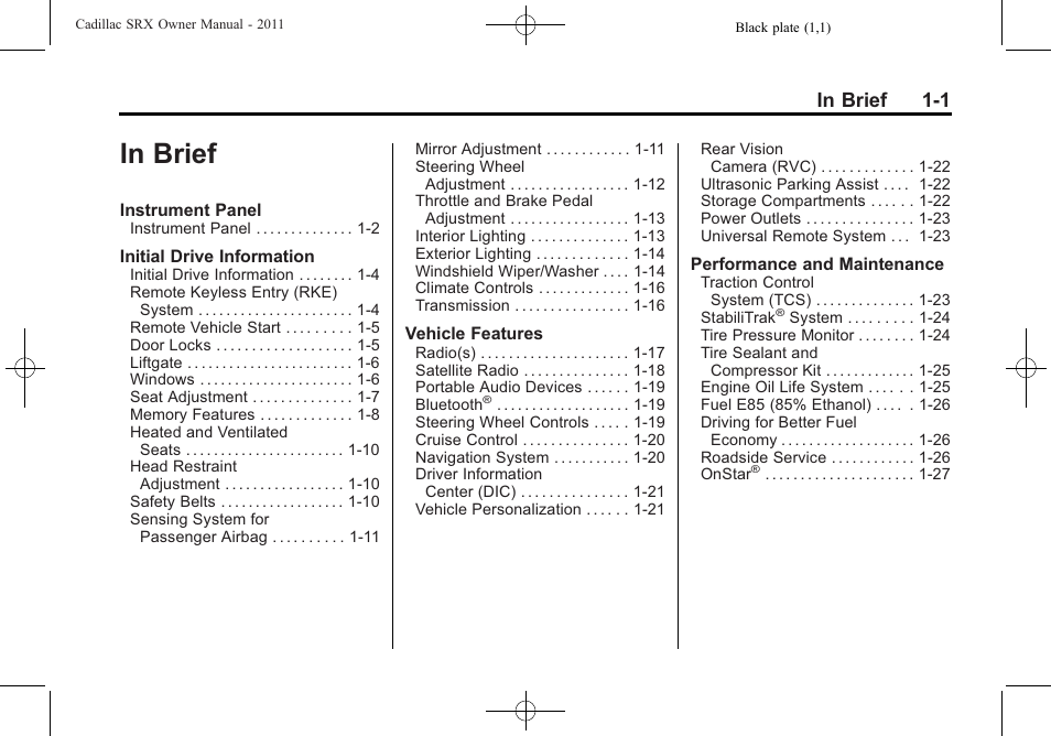 In brief, In brief -1 | Cadillac 2011 SRX User Manual | Page 7 / 502