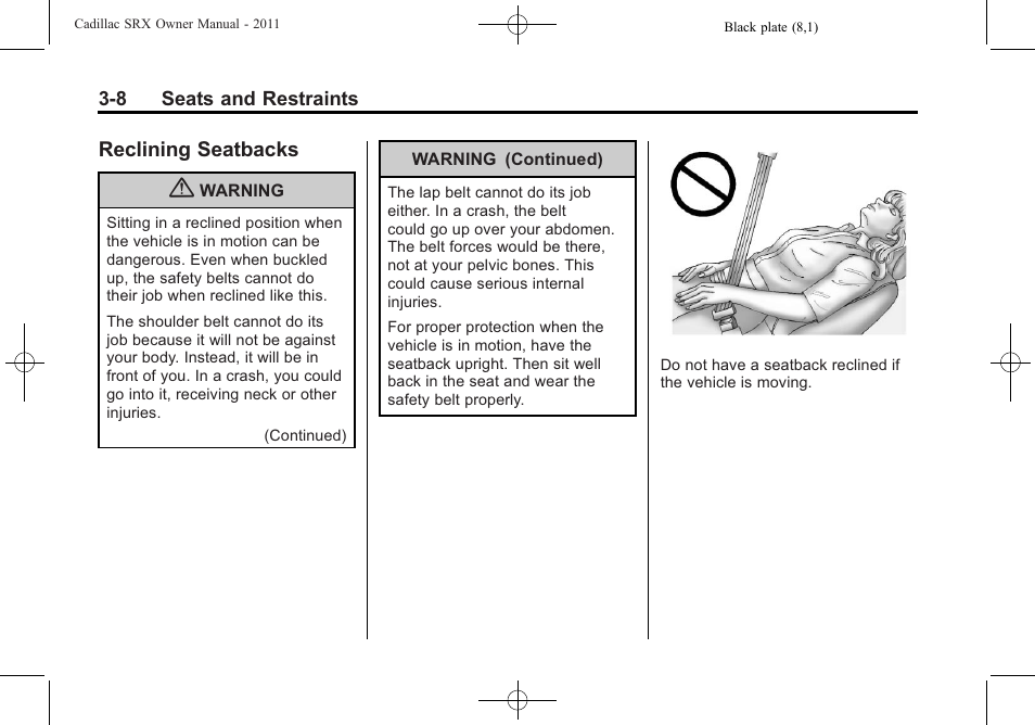 Reclining seatbacks, Reclining seatbacks -8, Safety | Cadillac 2011 SRX User Manual | Page 70 / 502