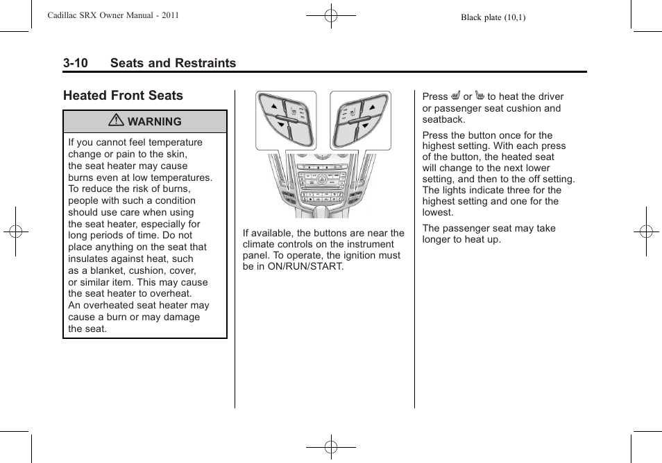Heated front seats, Heated front seats on, Heated front seats -10 | Cadillac 2011 SRX User Manual | Page 72 / 502