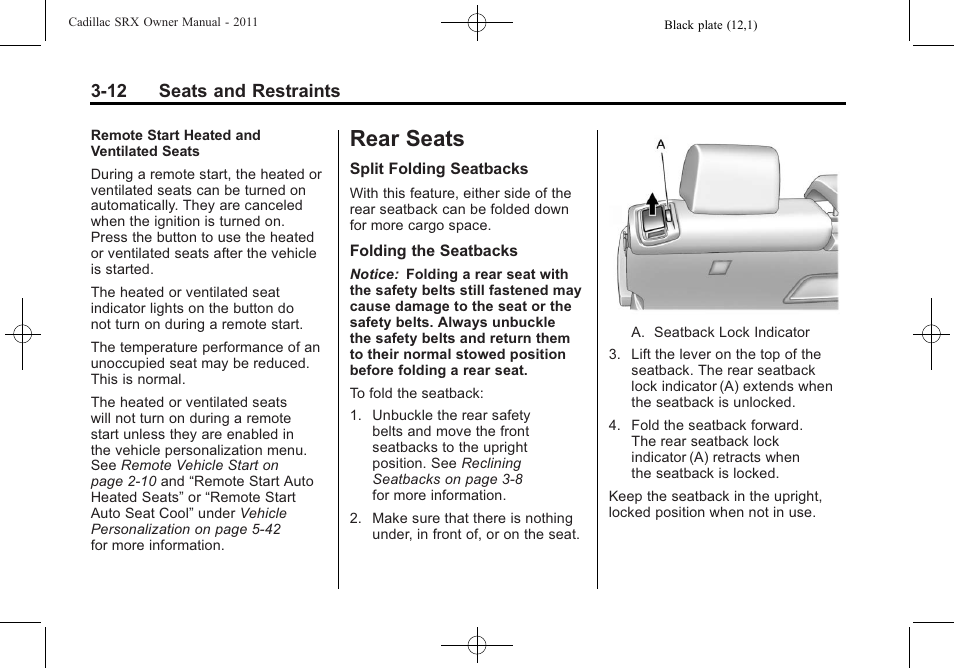 Rear seats, Rear seats -12, Airbag | Cadillac 2011 SRX User Manual | Page 74 / 502