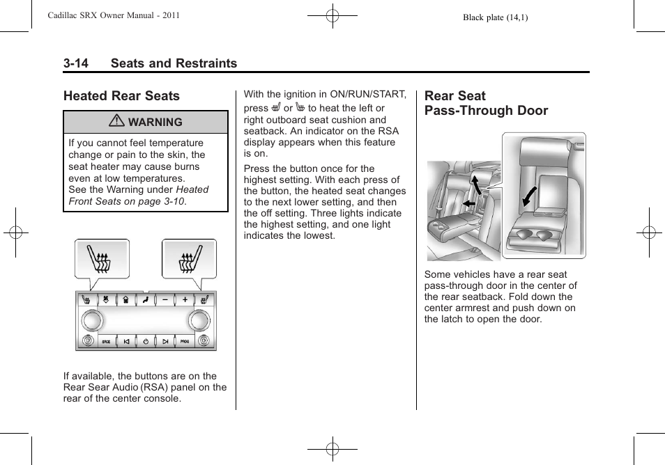 Heated rear seats, Rear seat pass-through door, Heated rear seats -14 rear seat | Pass-through door -14 | Cadillac 2011 SRX User Manual | Page 76 / 502