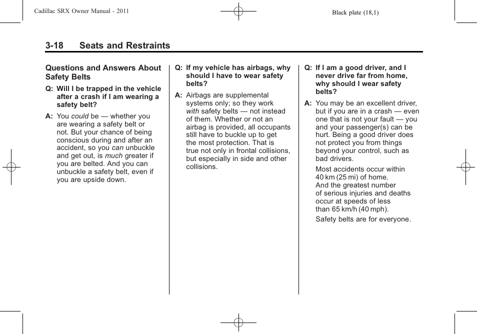 18 seats and restraints | Cadillac 2011 SRX User Manual | Page 80 / 502