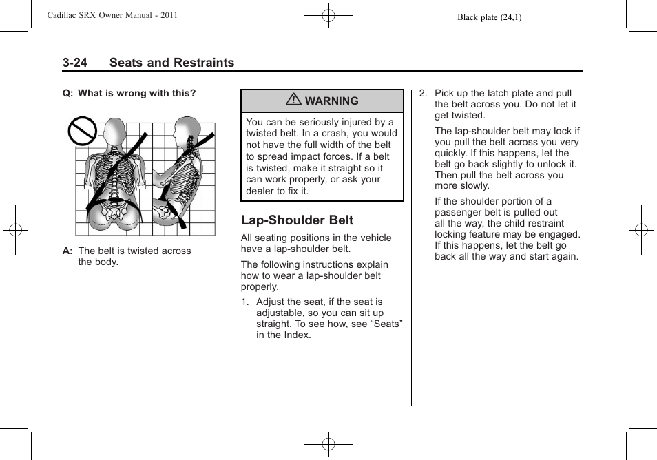 Lap-shoulder belt, Lap-shoulder belt -24, Airbag | Cadillac 2011 SRX User Manual | Page 86 / 502