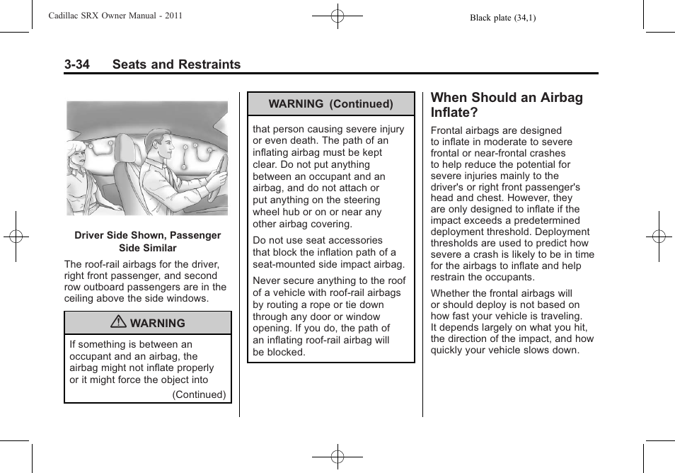 When should an airbag inflate, When should an airbag, Inflate? -34 | Cadillac 2011 SRX User Manual | Page 96 / 502