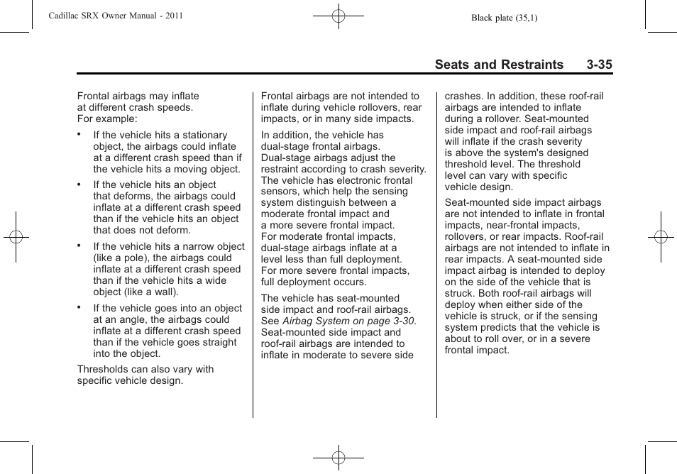 Seats and restraints 3-35 | Cadillac 2011 SRX User Manual | Page 97 / 502