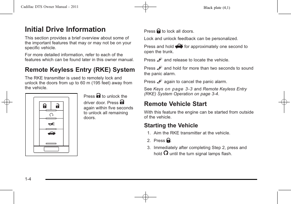 Initial drive information, Remote keyless entry (rke) system, Remote vehicle start | Initial drive information -4, Doors and locks, Starting the vehicle | Cadillac 2011 DTS User Manual | Page 10 / 464